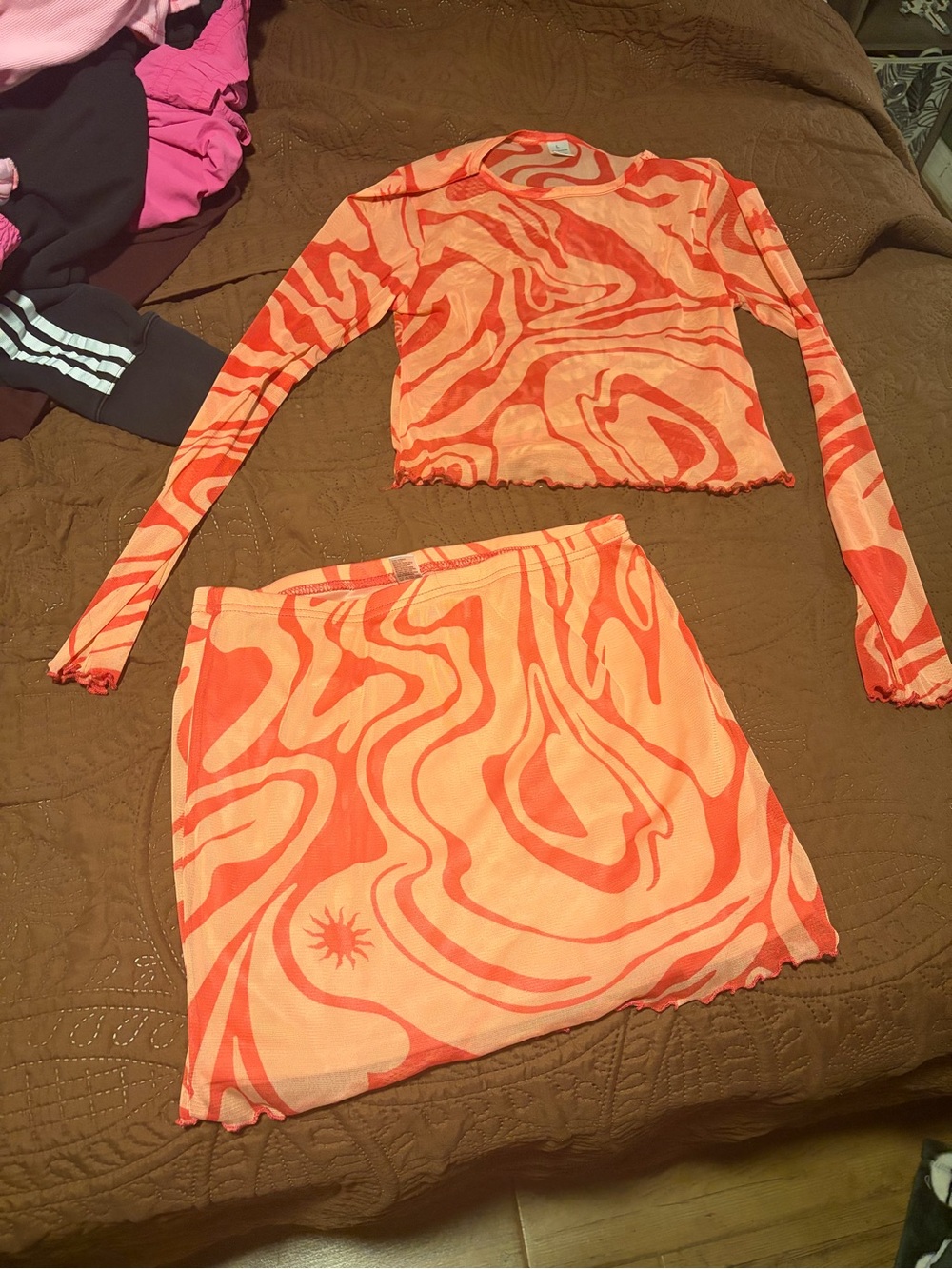 Orange Swirl Mesh Two-Piece Set - Crop Top & Mini Skirt